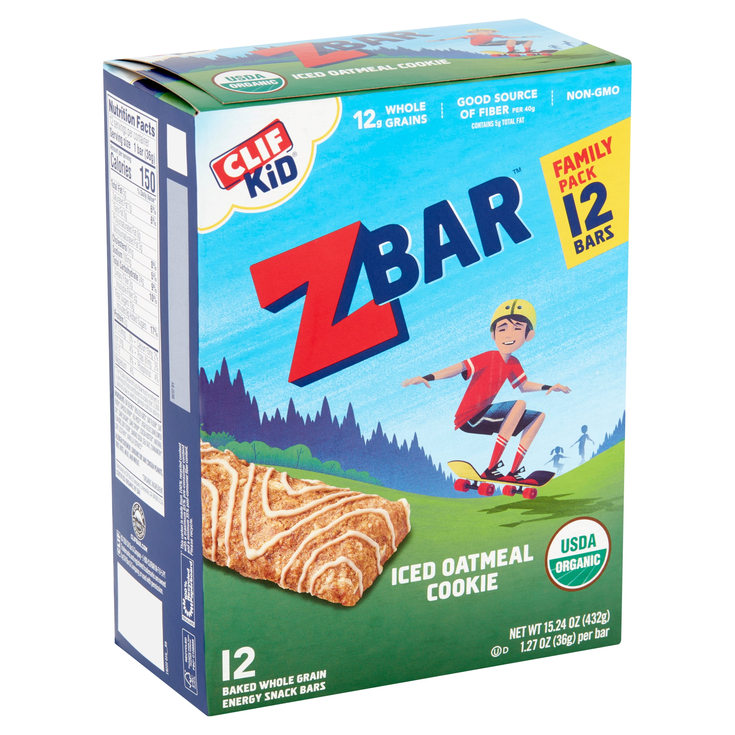 Clif Kid Zbar Iced Oatmeal Cookie Baked Whole Grain Energy Snack Bars Family Pack, 1.27 oz, 12