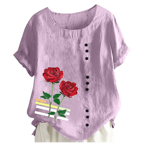 Women Summer Rose Print Short Sleeve Top Tee Graphic Cute T-Shirt,Women's Dressy Casual Tops Business Work Blouses White Button Down Shirts
