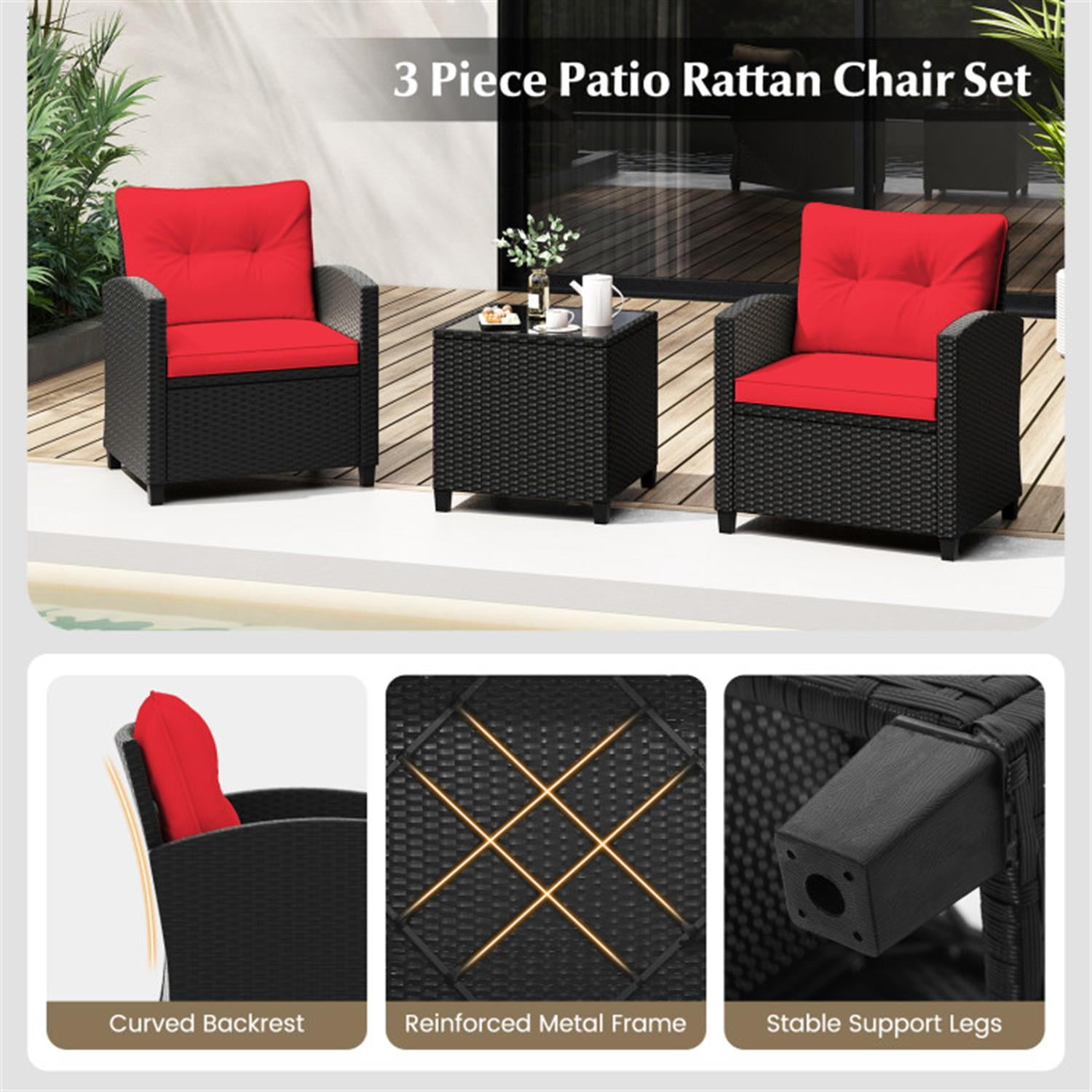 Demi Bonn 3 Pieces Rattan Patio Furniture Set with Washable Cushion, Conversation Armchairs for Garden Poolside Balcony, Red