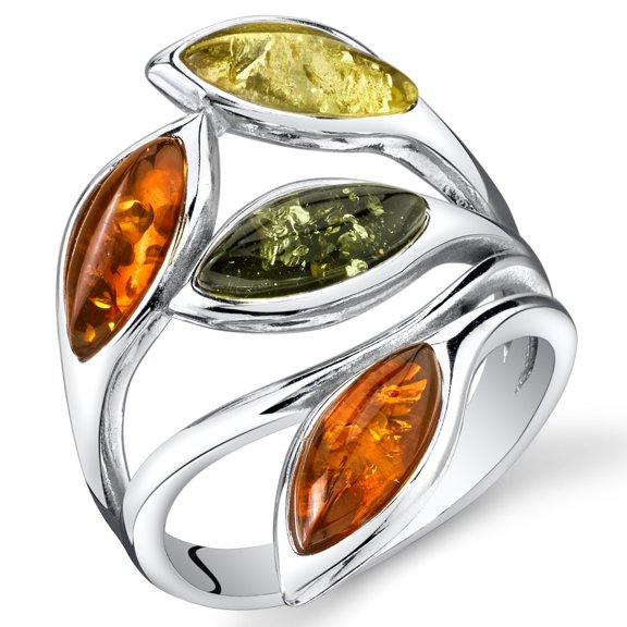 PEORA Genuine Baltic Amber Leaf Ring for Women 925 Sterling Silver, Rich Cognac, Olive Green, Honey Yellow Colors, Size 5, Real Baltic Amber Ring for Adults, 100% Natural from Baltic Region