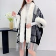 thumbnail image 5 of Xfvqtps Women Cape Faux Fur Collar Cloak Tassel Hem Fashion Plaid Print Open Front Thickened Warm Loose Streetwear Windproof Coldproof Warm Winter Long Coat Gray, 5 of 6