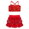 thumbnail image 3 of Xnihocha Kids Girls Lyrical Jazz Hip Hop Dance Sets Shiny Sequins Sleeveless Halter Crop Top+Skirt Red 16, 3 of 7