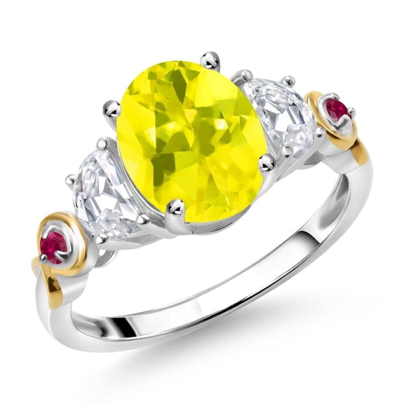 Gem Stone King 925 Silver and 10K Yellow Gold 3-Stone Ring Oval Canary Mystic Topaz and Moissanite (2.50 Cttw, Size 6)