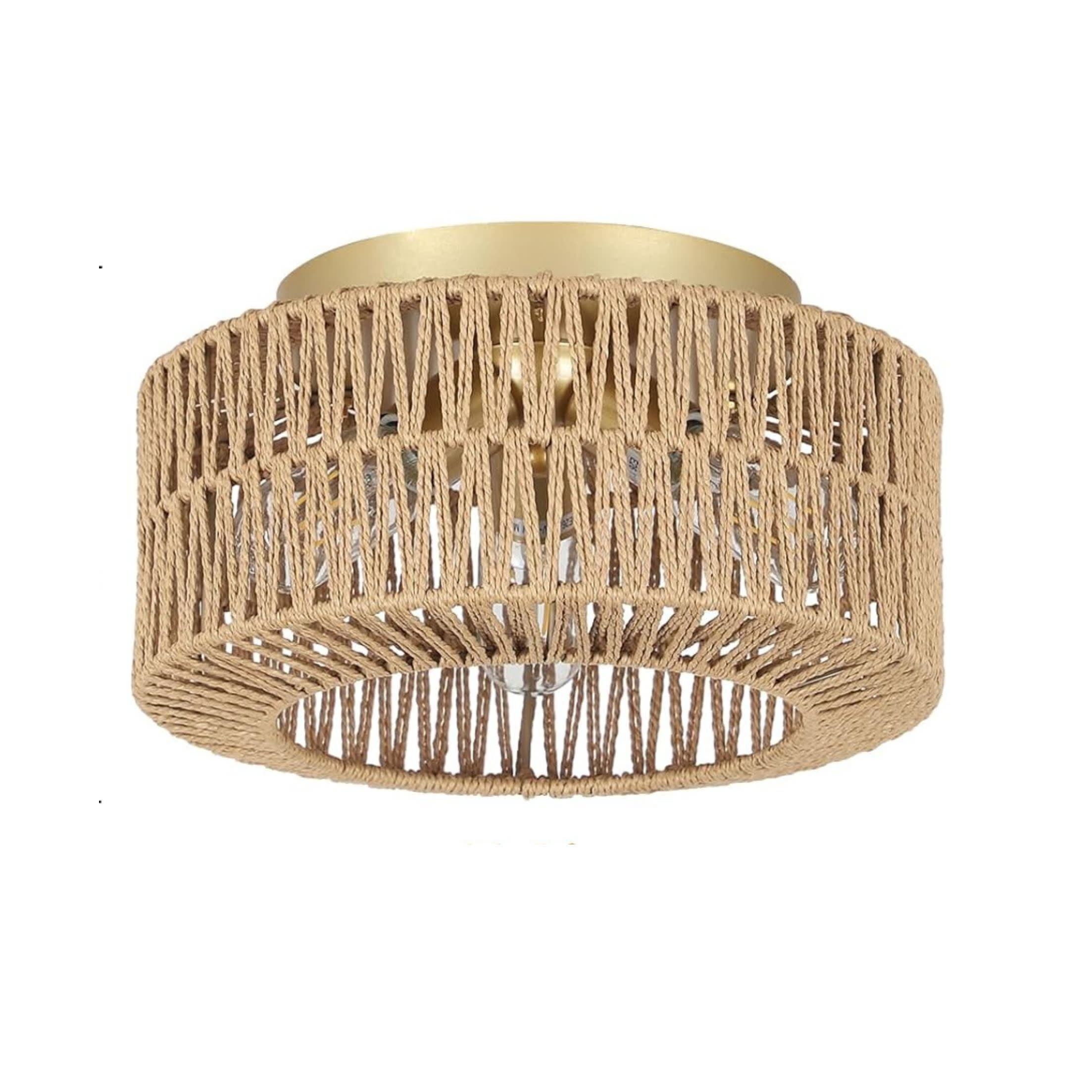 Noble House 12" Boho Rattan Flush Mount Ceiling Light, 3-Light Woven Fixture for Bedroom & Kitchen, Natural and Gold