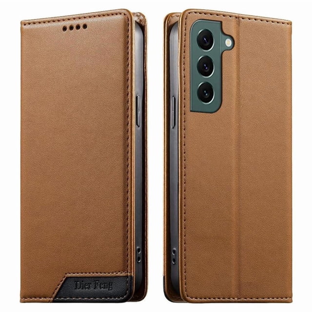 Funda Tipo Cartera de Cuero Sintético para Samsung Galaxy S22 Plus Bloqueo RFID, con Ranuras para Tarjetas y Bolsillo para Efectivo, Cierre Magnético Fuerte Marrón