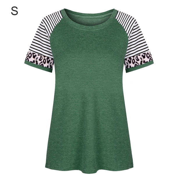 Camiseta de mujer con estampado de rayas, manga corta, blusa con cuello redondo, verde, S Vogacara AP001776-06