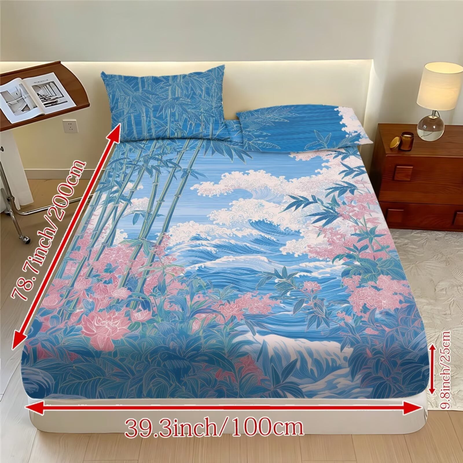 ZIATUBLES 3-Piece Queen Size Sheet Set, Soft Polyester Bedding-Cooling Cozy All-Season Sheets with 1 Fitted Sheet and 2 Pillowcases, Wave Floral Bamboo Print