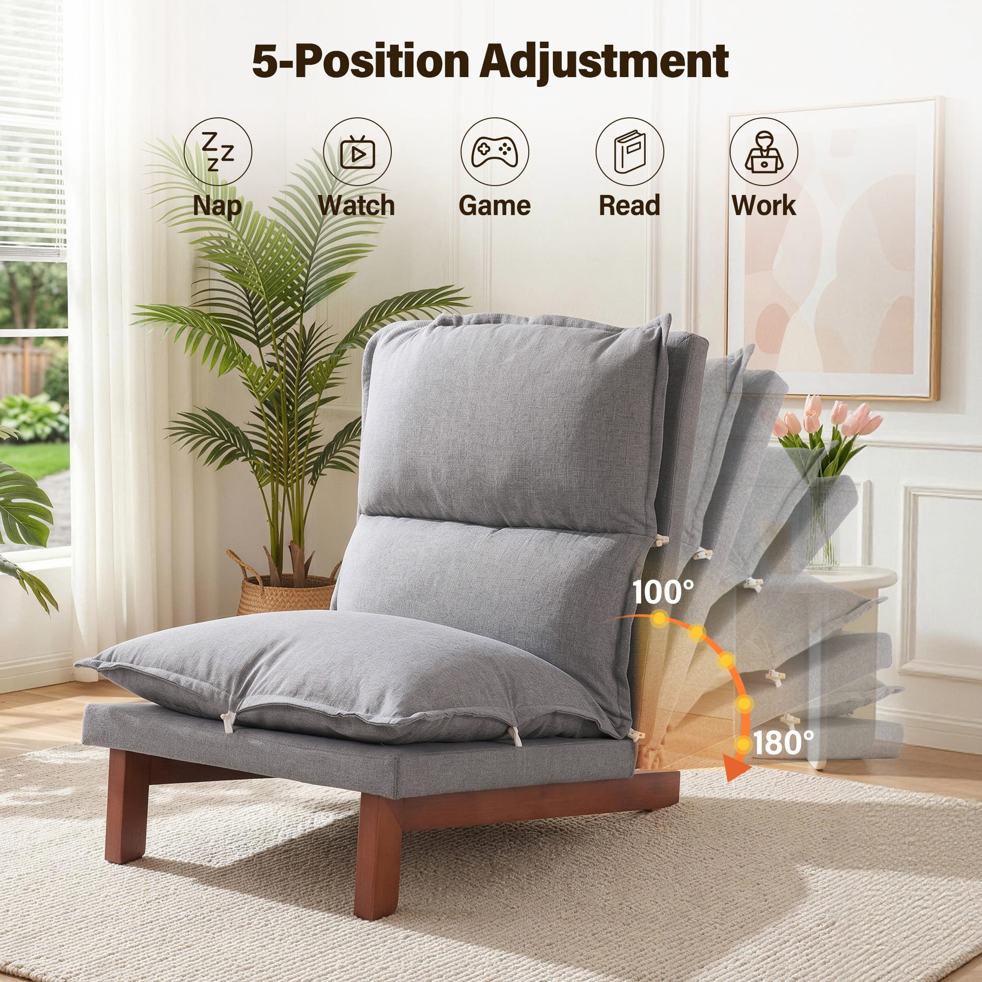 AENKYO 5-Position Adjustable Floor Lounge Chair, Gray Linen Tatami Recliner with Solid Wood Legs for Living Room