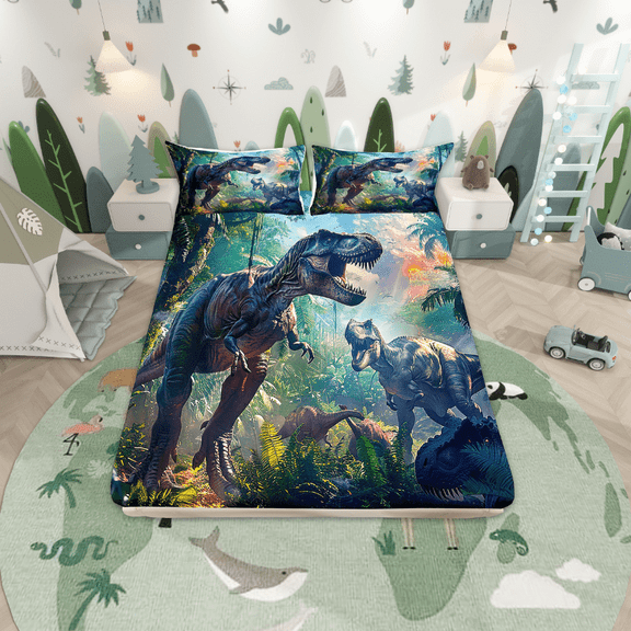 3D Realistic Dinosaur Bed Sheets ,Tropical Jungle Wild Animals Bedding Set Dino Fitted Sheet Twin,Paleontology Dinosaurios Sheets Room Decor