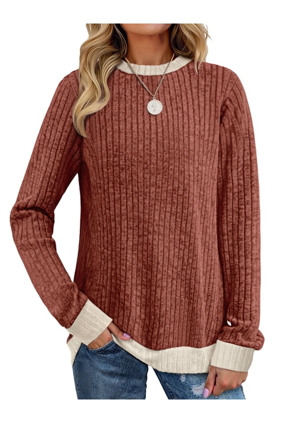 Color Block Sweaters for Women Crewneck Long Sleeves Fashion Tops Pullover Fall Lightweight Women Sweaters