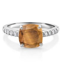 Gem Stone King 10K White Gold Brown Tiger Eye and White Lab Grown Diamond Engagement Ring for Women (2.20 Cttw, Cushion 8MM, Gemstone Birthstone, Size 8)