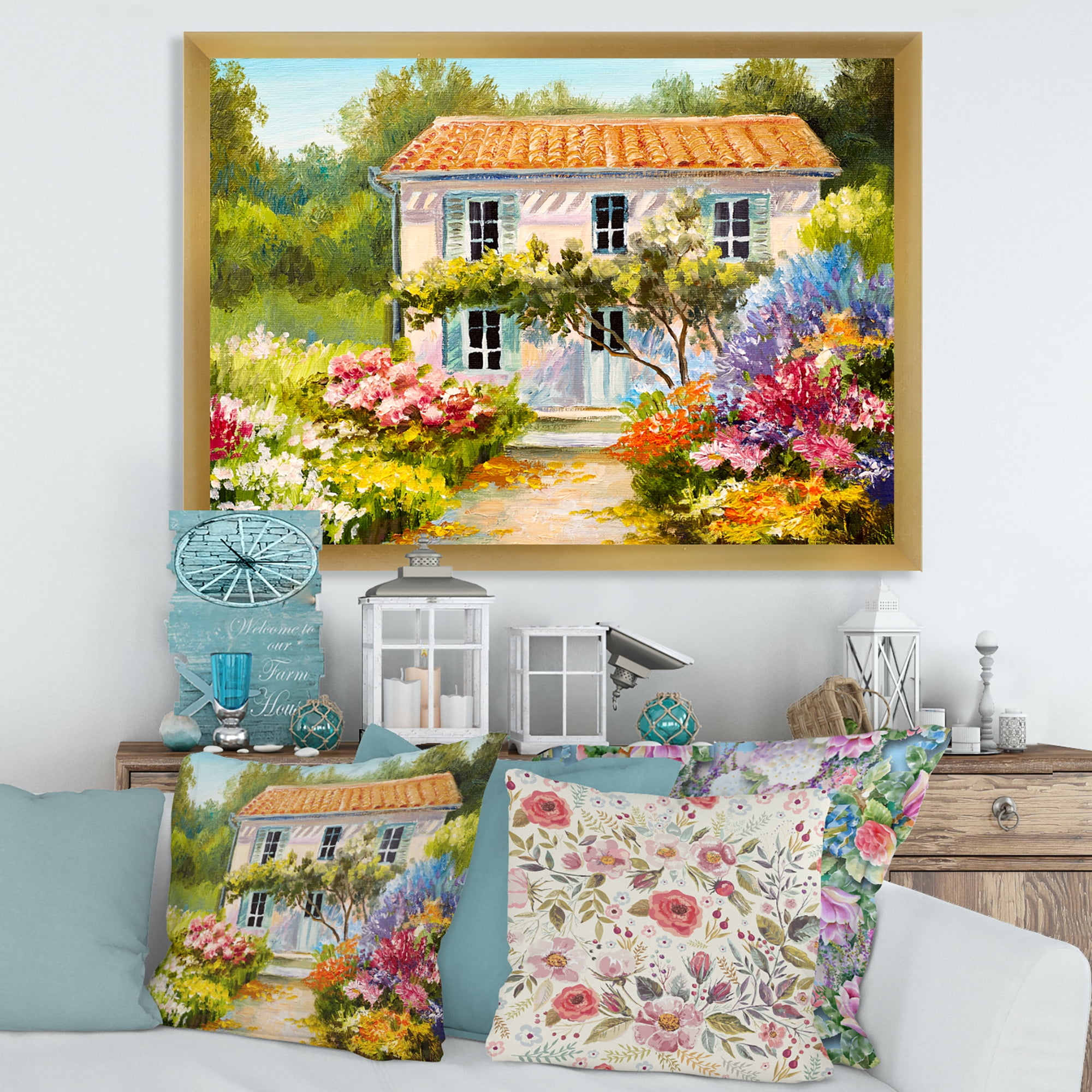 Designart 'The Mountain With Flowers With Little House II' Traditional Framed Art Print