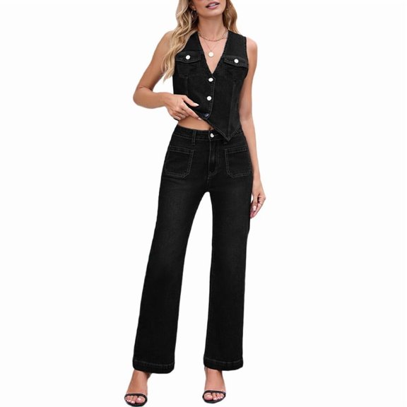 Women 2 Piece Denim Set Button Sleeveless Jean Vest Y2k Shirt Wide Leg Jeans Palazzo Pants Black & Gray Suit M