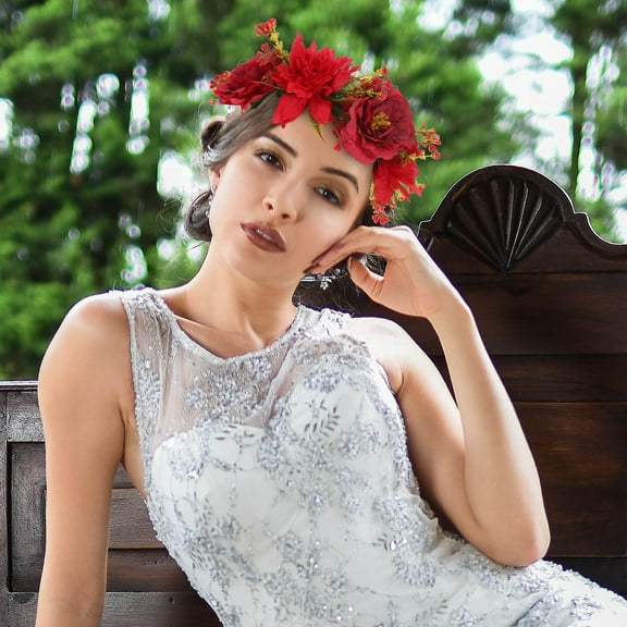 LOLIPPYY 1 Set Red Circular Fabric Flower Headband for Wedding and Flower Garland Accessories