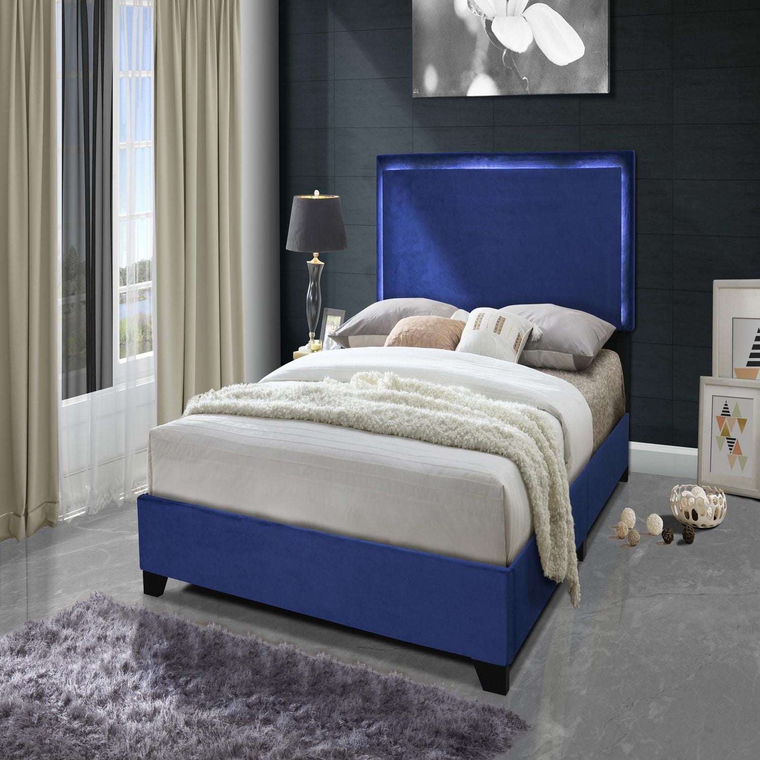 Aerys Double Platform Bed Frame with LED Lights , Blue Velvet