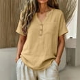 thumbnail image 2 of Fashion Plus Size Shirts for Womens Cotton And Linen Spring And Summer Imitation V-neck Short-sleeved Button-pocket Solid Color Top, 2 of 8