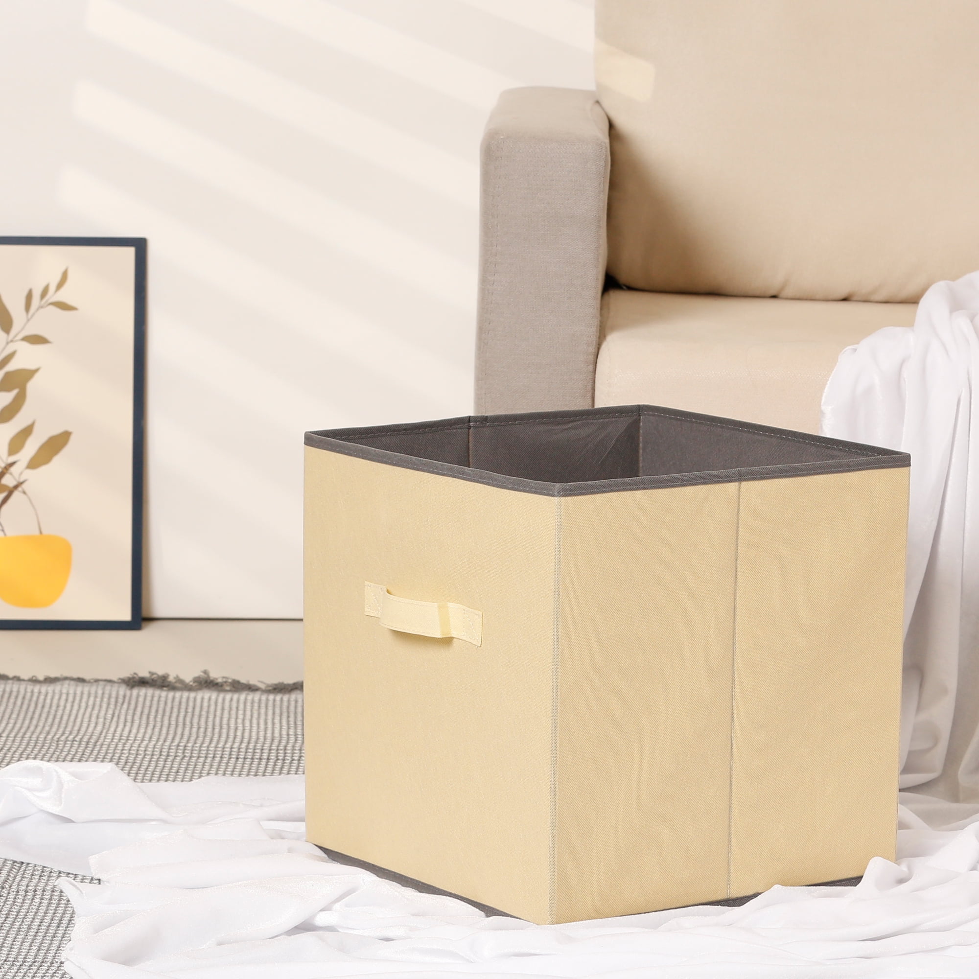 Unique Bargains 3 Pcs Square Fabric Collapsible Storage Basket Bin with Handle Beige L