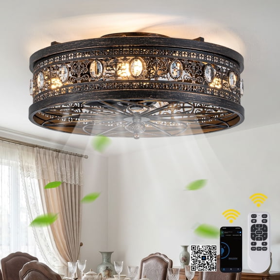 Chords Attic 20" Vintage Victorian Crystal Caged Flush Mount Ceiling Fan with Light and Remote/APP Control, Low Profile Enclosed Bladeless Farmhouse Fandelier for Bedroom