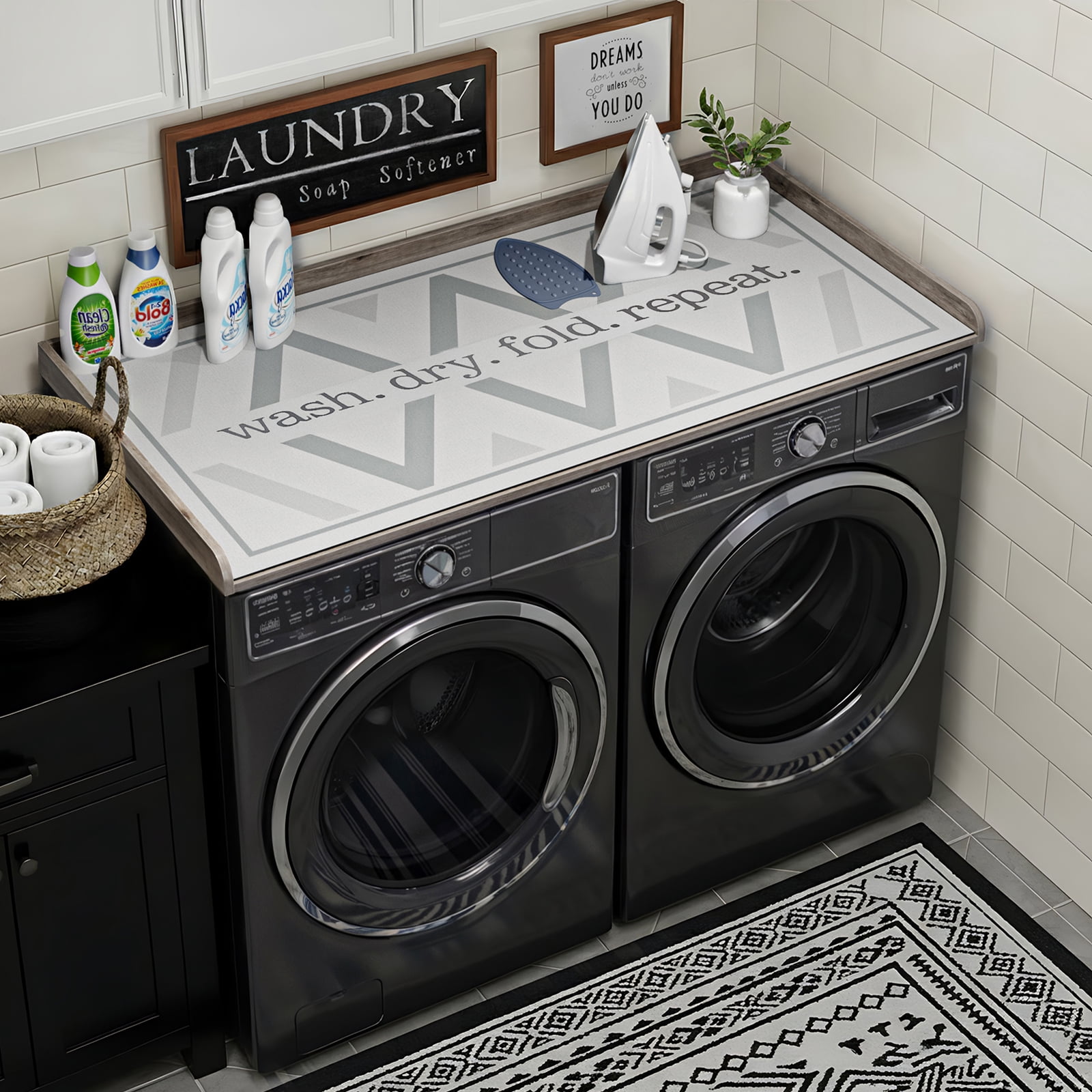 27.6" D x 54" W Wood Washer Dryer Countertop with Anti-Slip Pad, Laundry Room Organization Set, Dryer Covers for The Top with Edge Rails, Washer Dryer Topper for Laundry Room, Grey