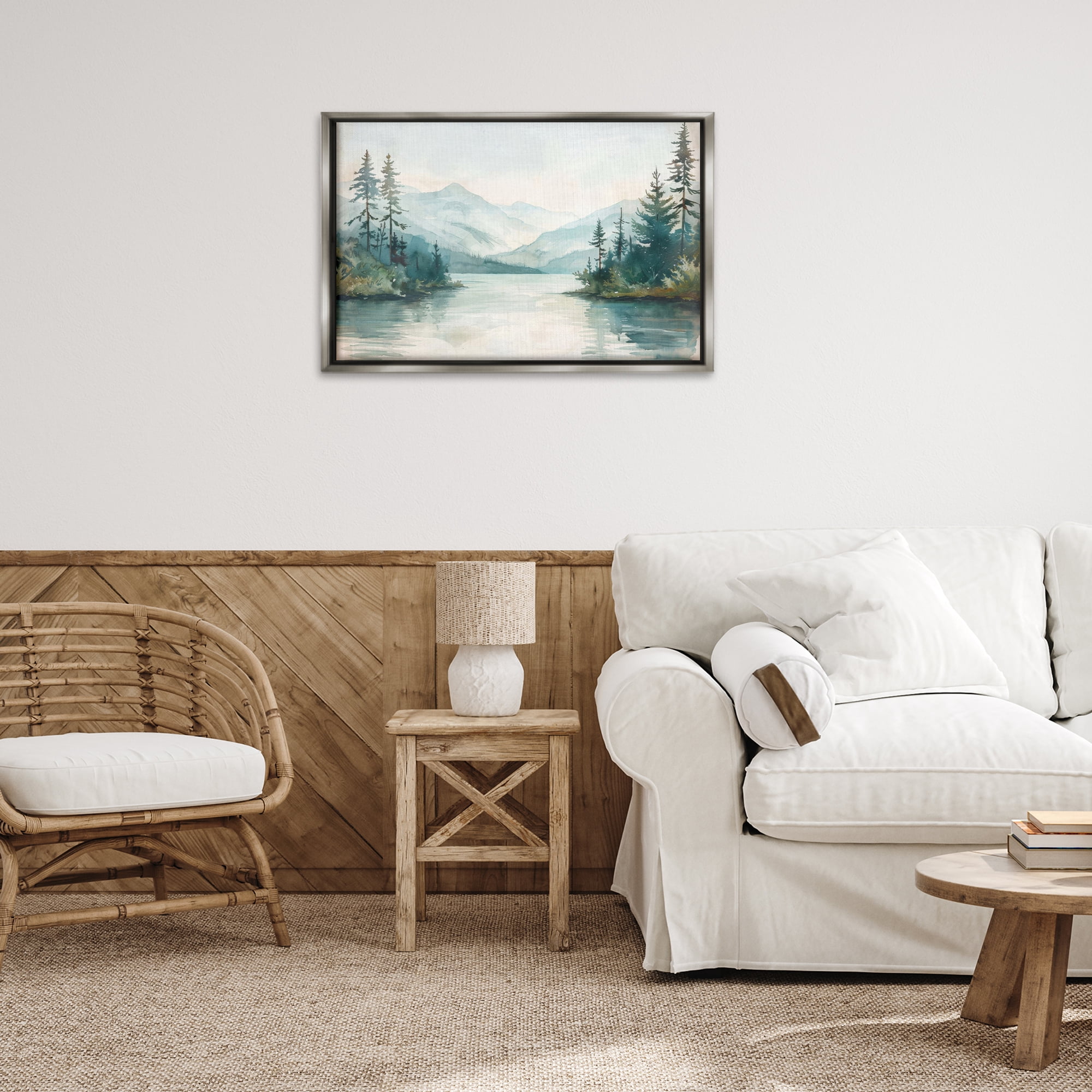 Stupell Industries Mountain Lake in Springtime Landscape & Nature Painting Gray Floater Framed Canvas Art Print Wall Art, 31 x 21