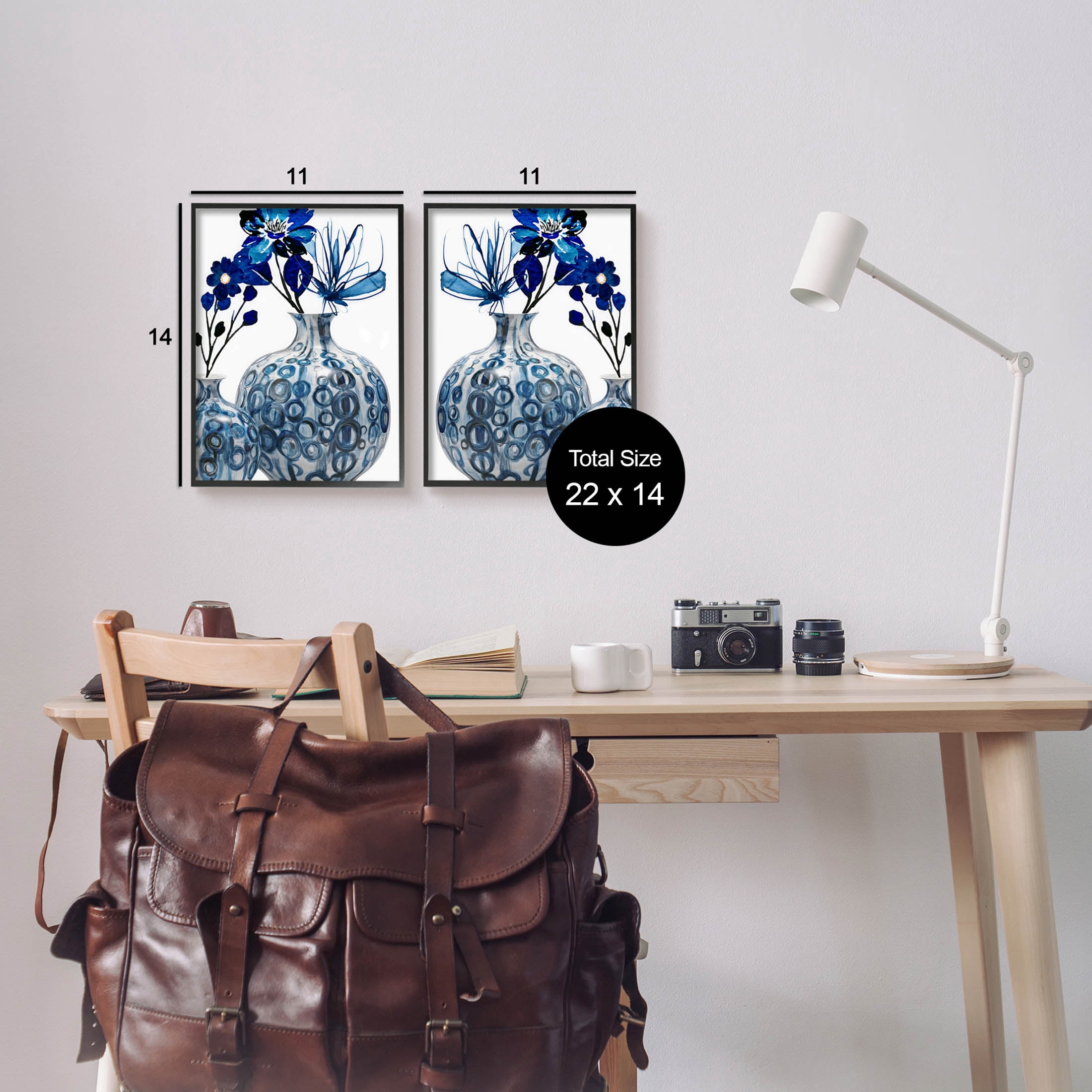 Bold Blue Ikebana Patterned Vase Botanical & Floral Graphic Art Black Framed Art Print Wall Art, Set of 2
