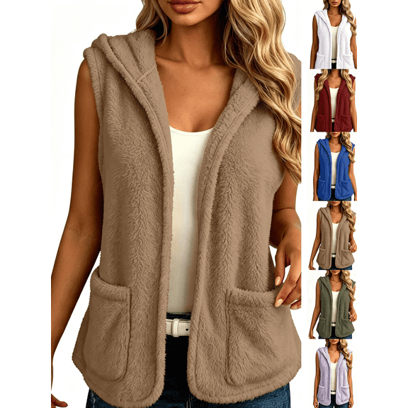 Hzzrkos Women Casual Loose Solid Color Sleeveless Hooded Button Up Patch Pocket Vest Cardigan Outerwear Jacket Khaki