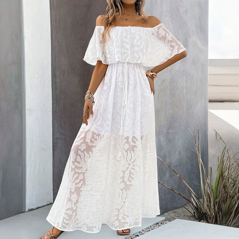 Mingw Womens Maxi Dresses Off The Shoulder Ruffle Long Casual Dresses Loose Plain Elegant Flowy Wedding Guest Dress ,XL,White