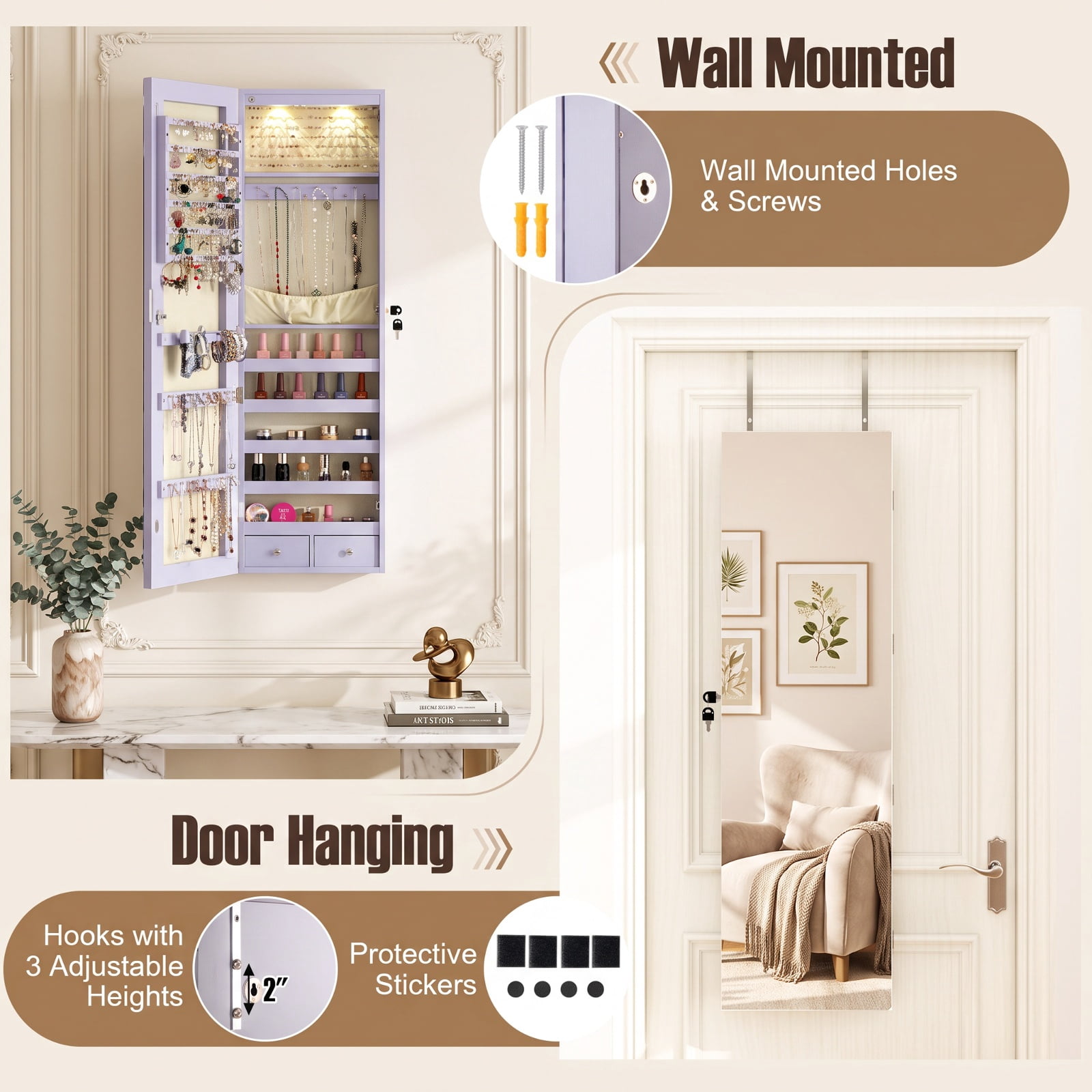 Furnibear Wall and Door Mounted Mirrored Jewelry Cabinet with Lights for Bedroom Dressing Room Jewelry Necklace Rings Storage Mirror, Purple