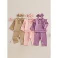 thumbnail image 3 of Toddler Baby Girls Fall Clothing Set 0 6 12 18 24 Months 2T 3T Solid Color Long Sleeve Round Neck Ruffled Tops Long Pants Headband 3-Piece Outfits, 3 of 9