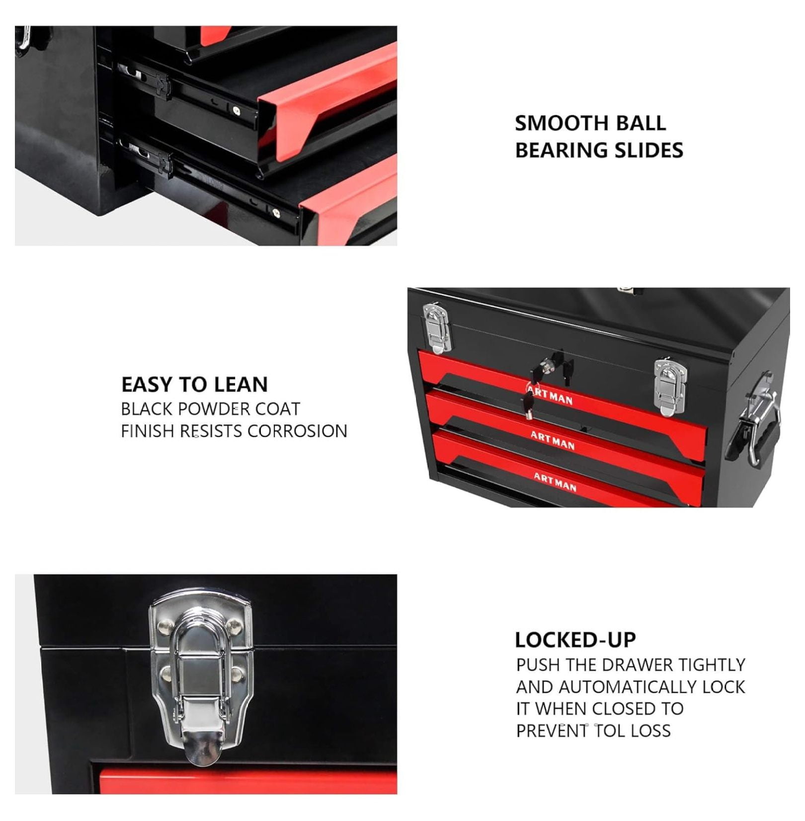 Portable 3 Drawer Tool Box - Metal Tool Box with Drawers for Parts Organizer, General Tool Chest with Metal Closure & Handles for Truck and Cars