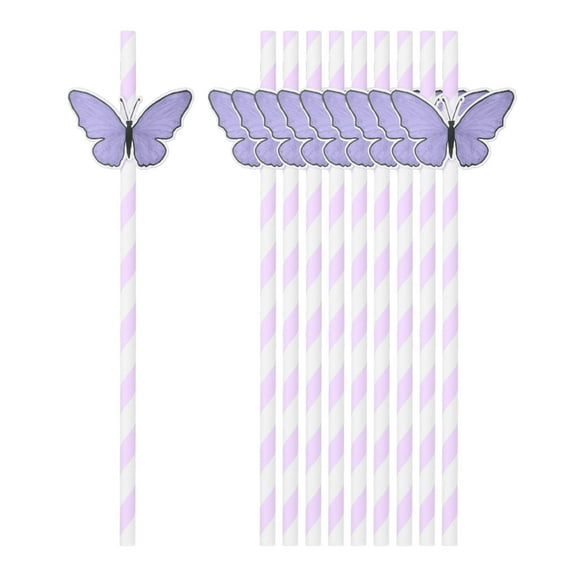 60Pack Butterfly Stripe Paper Straws, Disposable Drinking Straws, Purple