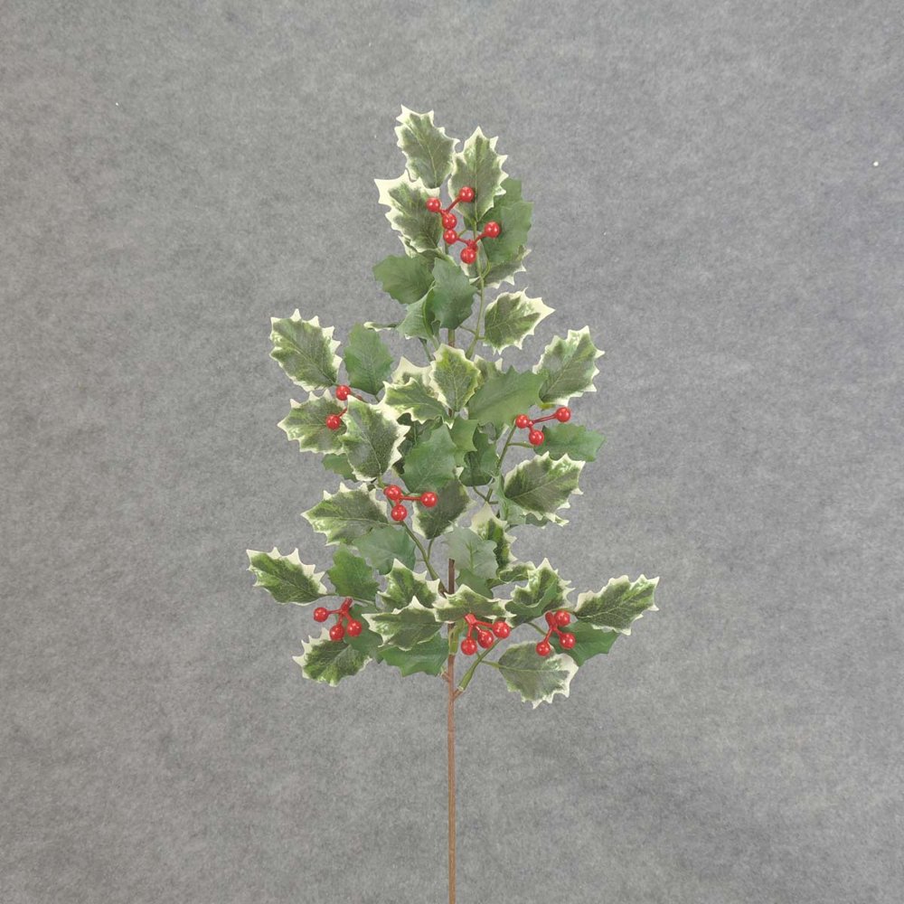 Bag Of 6 19 Inch Tall Artificial Holly With Berries Stem Features Green