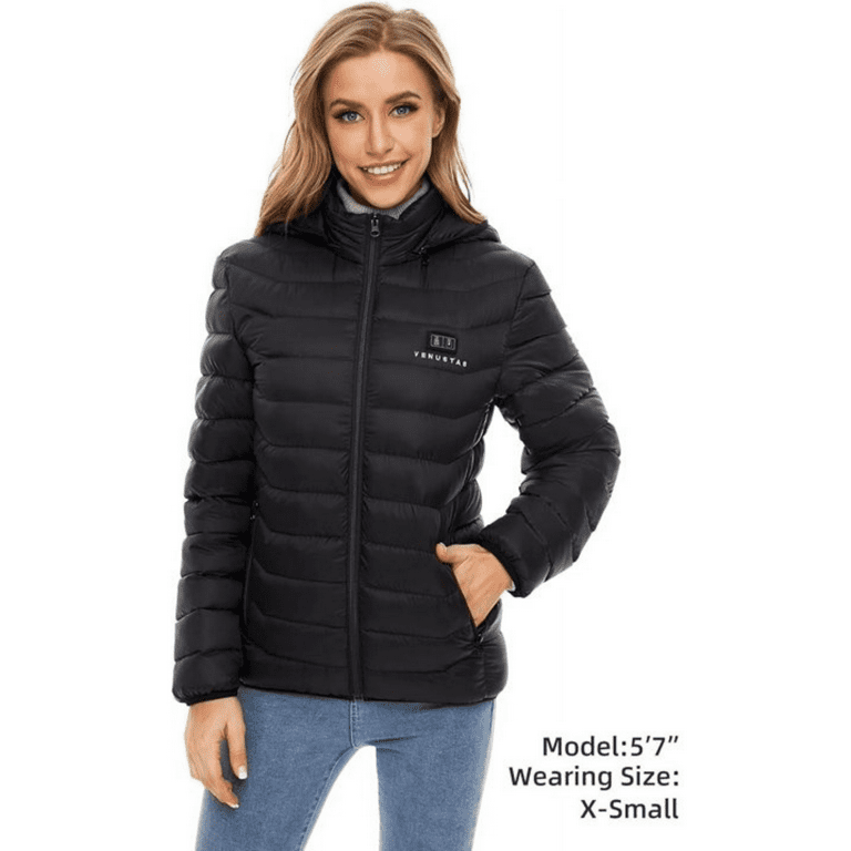 Venustas Unisex Heated Jacket with Battery Pack 7.4V Winter Heated Coat for Women and Men 6 Heating Zones Detachable Hood Black M
