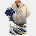 thumbnail image 3 of Camisa hawaiana de manga corta con estampado 3D de olas para hombre, informal, versátil, retro, minimalista, con solapa y botones para vacaciones en la playa, 3 of 5