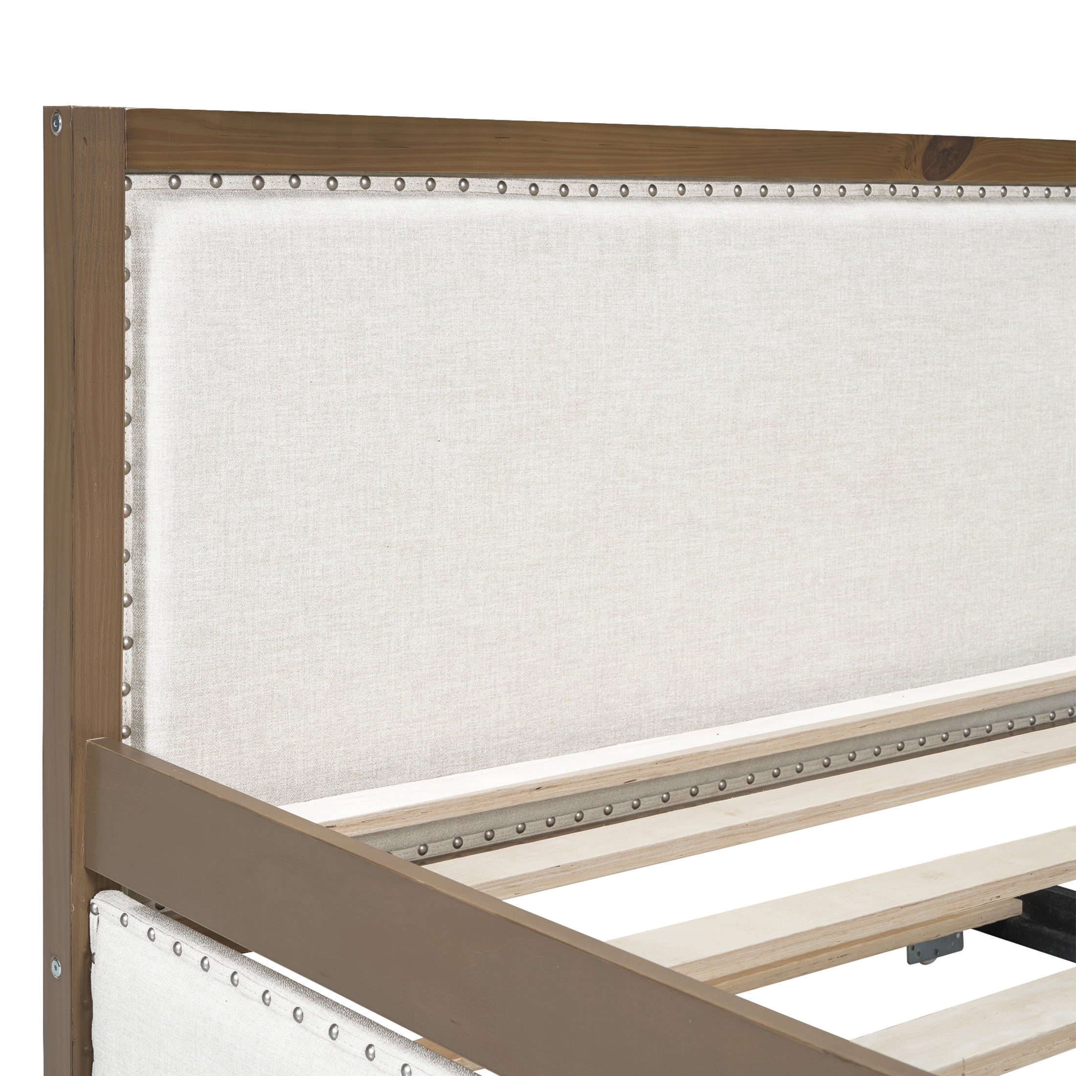 Noble House Dover Full Upholstered Daybed, Linen Guest Bed with Twin Trundle and Nailhead Trim, Wood & Beige