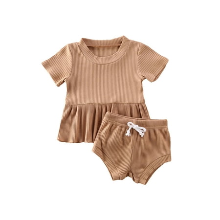 

Kuriozud Baby Girl Solid Color Crew Neck Short Sleeve Ruffle Top Shorts Set