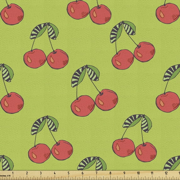 Garden Art Sofa Upholstery Fabric by the Yard, Repeating Twin Cherries Spring and Summer Pop Art Delicious Fruit, Decorative Fabric for DIY and Home Accents, Apple Green and Dark Pink by Ambesonne