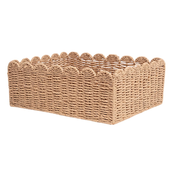 Woven Storage Basket with Scalloped Edge, 14.2x10.6x5.9 in Basket, Handwoven Decorative Basket for Home, Young Ones' Room, Closet, Brown