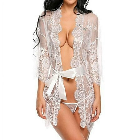 Sinhoon Women Kimono Robe Floral Lace Babydoll Lingerie Sheer Mesh Nightgown