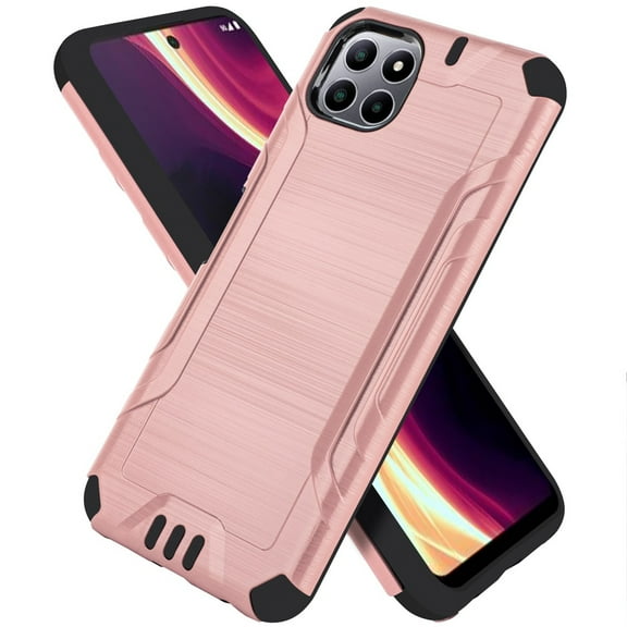 For Boost Mobile Celero 5G Plus (2023) Hybrid Dual Layer Armor Metallic Brush Texture Finishing Shockproof TPU Rubber Cover ,Xpm Phone Case [ Rose Gold ]