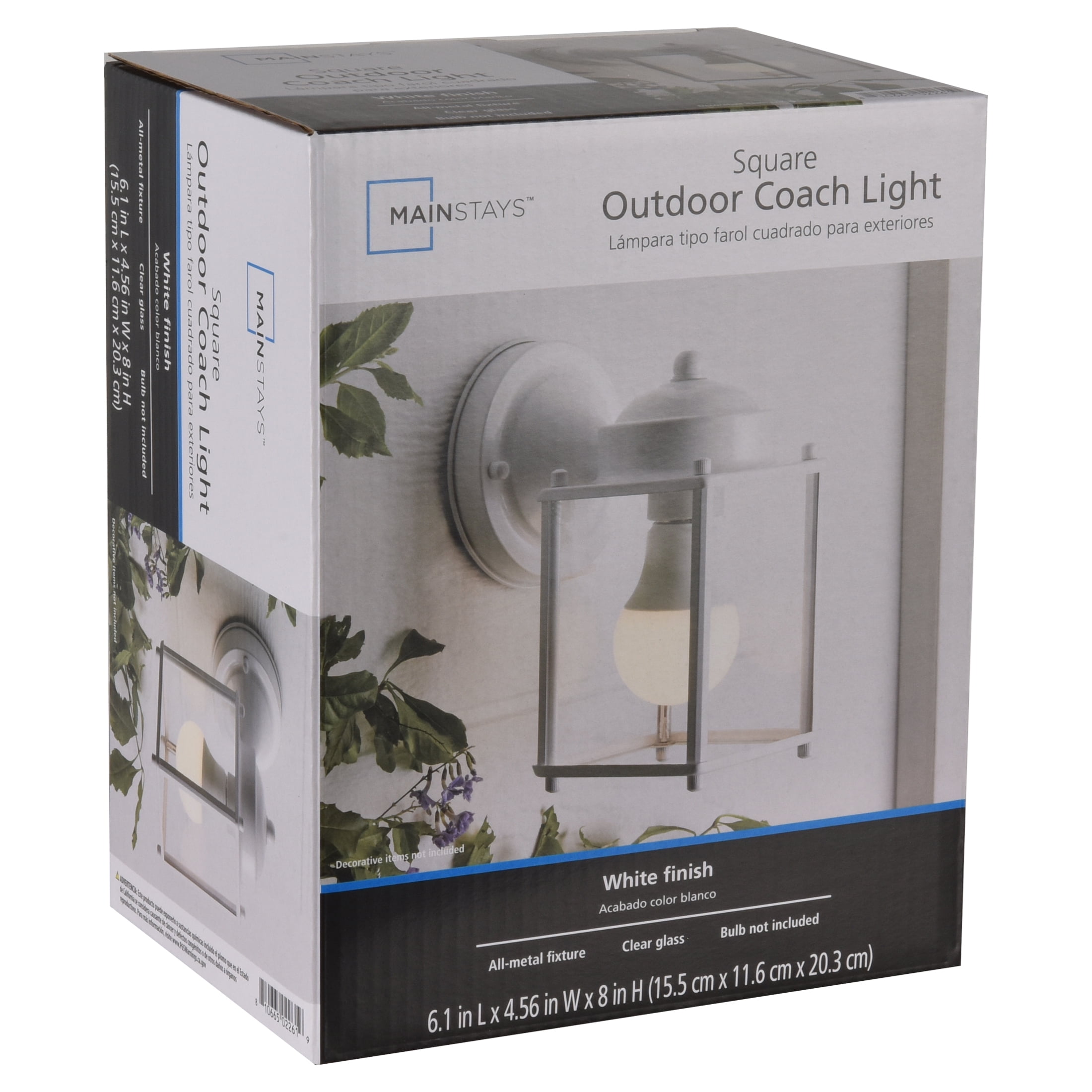 Mainstays 8" Classic White Outdoor Wall Light, Metal Fixture Clear Glass Lens, Bulb Not Included