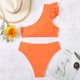 thumbnail image 5 of Mujeres un hombro bikini color bloqueo estiramiento ajuste apretado cintura alta bikini conjunto para natación fiesta naranja y blanco M, 5 of 7