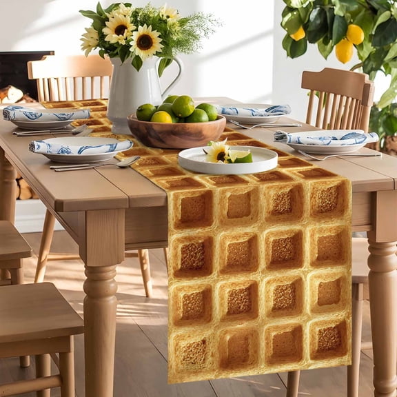 Waffle Texture Table Runner, Country Farmhouse Gold Yellow Waffle Washable Kitchen Table Runners Dress Scarves for Dining Table Decorations Party/Restaurant/Indoor Outdoor Use, 13x36in