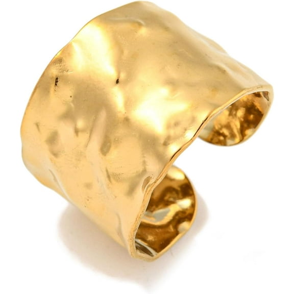 1Pcs Real 18K Gold Plated Adjustable Wide Band Ring for Women Hammered Open Rings for Anniversary Birthday Trendy Gift
