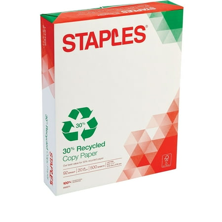Staples 30% Recycled 8.5  x 11  Copy Paper 20 lbs 92 Brightness 500/RM 492071