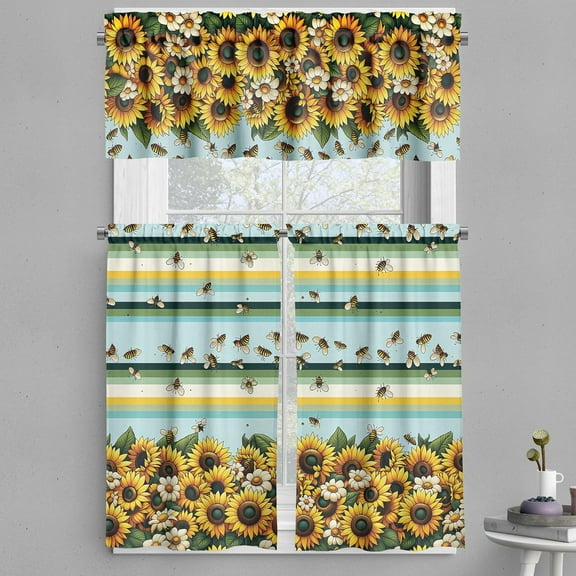 Sunflowers Valance & Tier Curtain 3 pcs Set, Flying Bees with Jumble Design Leafy Helianthus with Minty Stripes, Window Treatments for Kitchen Room Decor, 55" x 36", Mustard Seafoam Green
