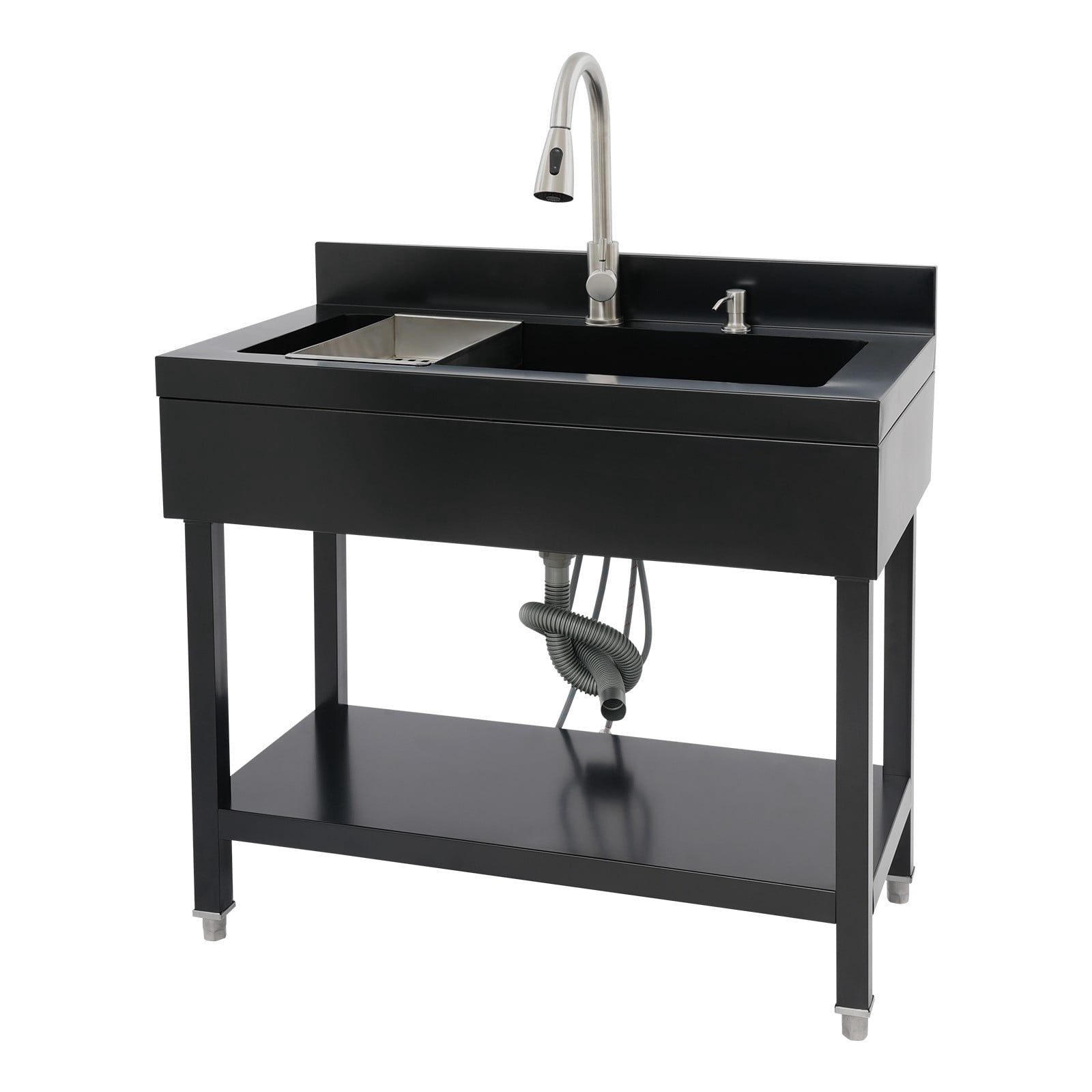 Freestanding Sink, Kitchen Sink, Black Stainless Utility Laundry Basin, 35.4”, 201 Steel, 360° Swivel Pull-Out Faucet, Dual Water Modes, Hot & Cold, Storage Shelf, Draining Basket, Durable