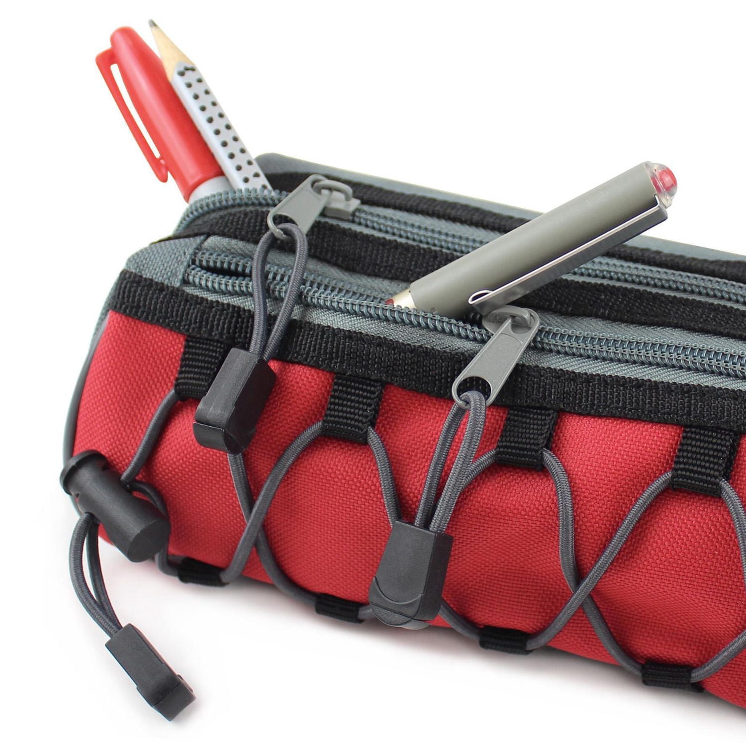 Pen + Gear Sporty 2 Zip Pencil Pouch with Grey Elastic Bungee Cord and Black Toggles