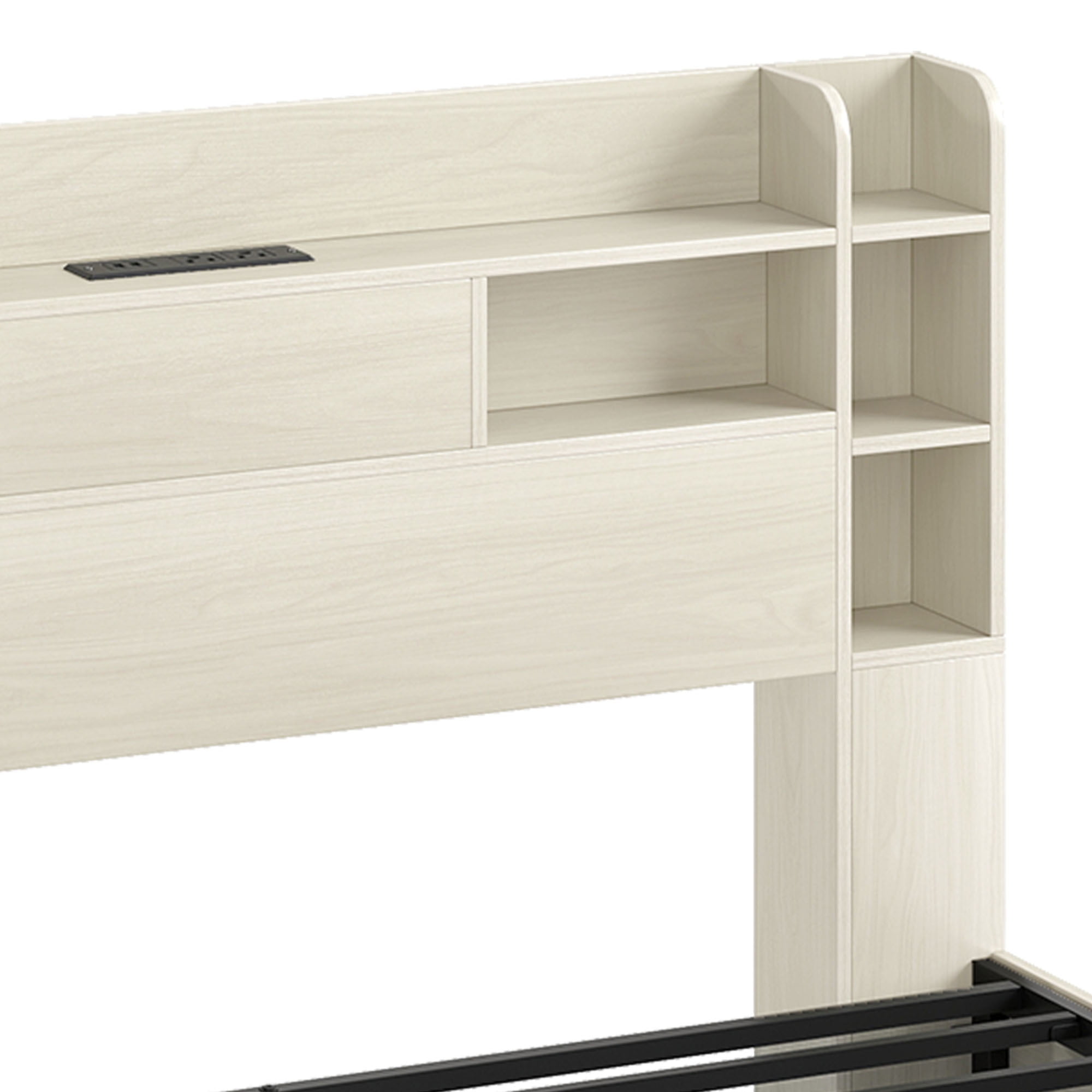 Uforic Queen Size Bed Frame with LED Lights & Bookshelf Headboard, Platform Bed Frame with Charging Station & Drawers, White