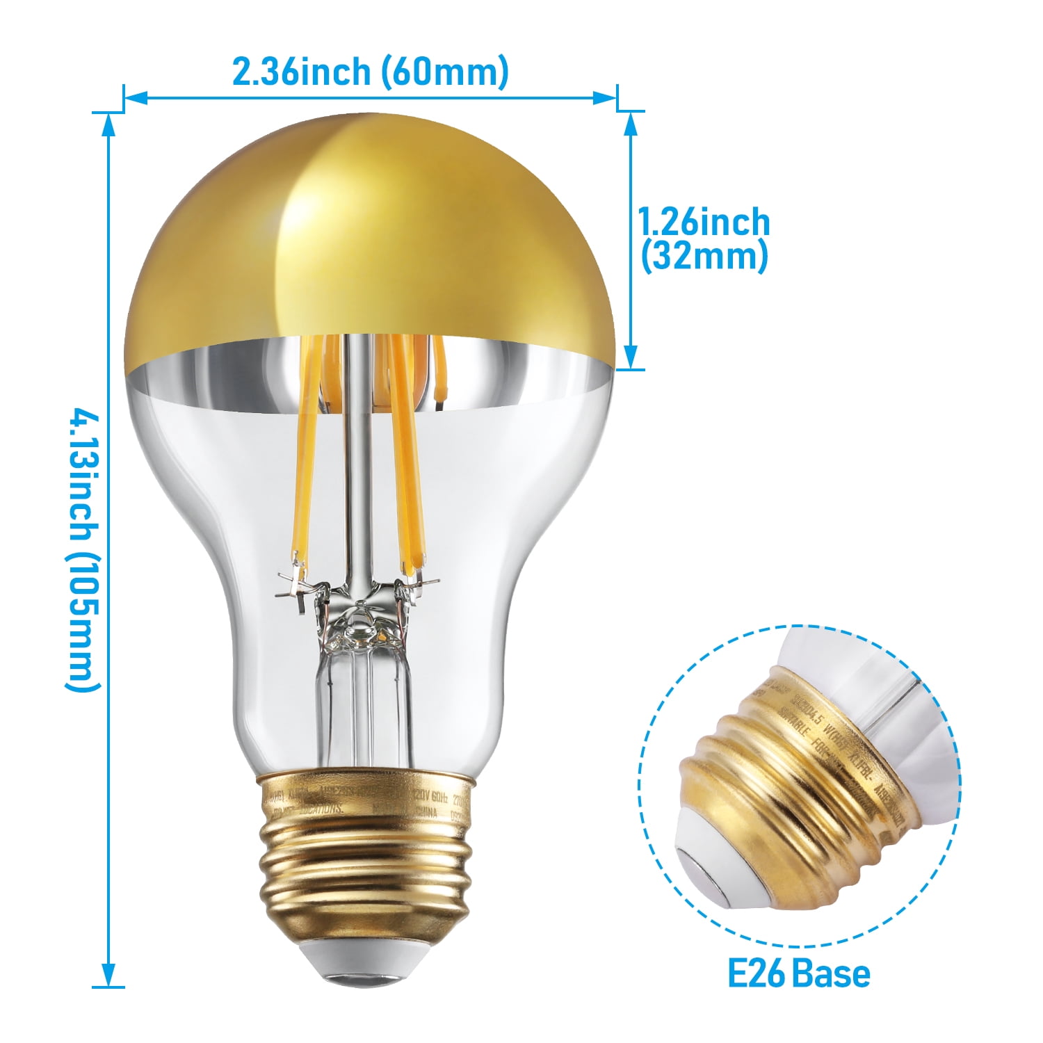 8 Pack A19 LED Dimmable Light Bulb, 4.5W(40W Eqv.), Anti Glare Half Chrome Bulbs, Gold Dipped E26 Base, 2700K Soft White